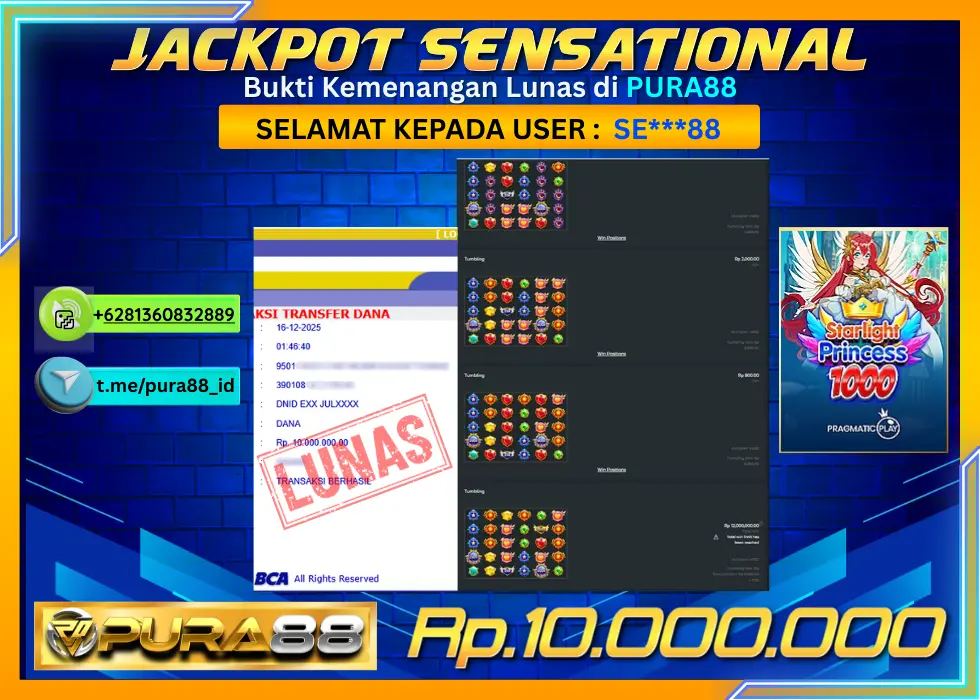PURA88 JACKPOT STARLIGHT PRINCESS 1000 Rp 10.000.000,- LUNAS
